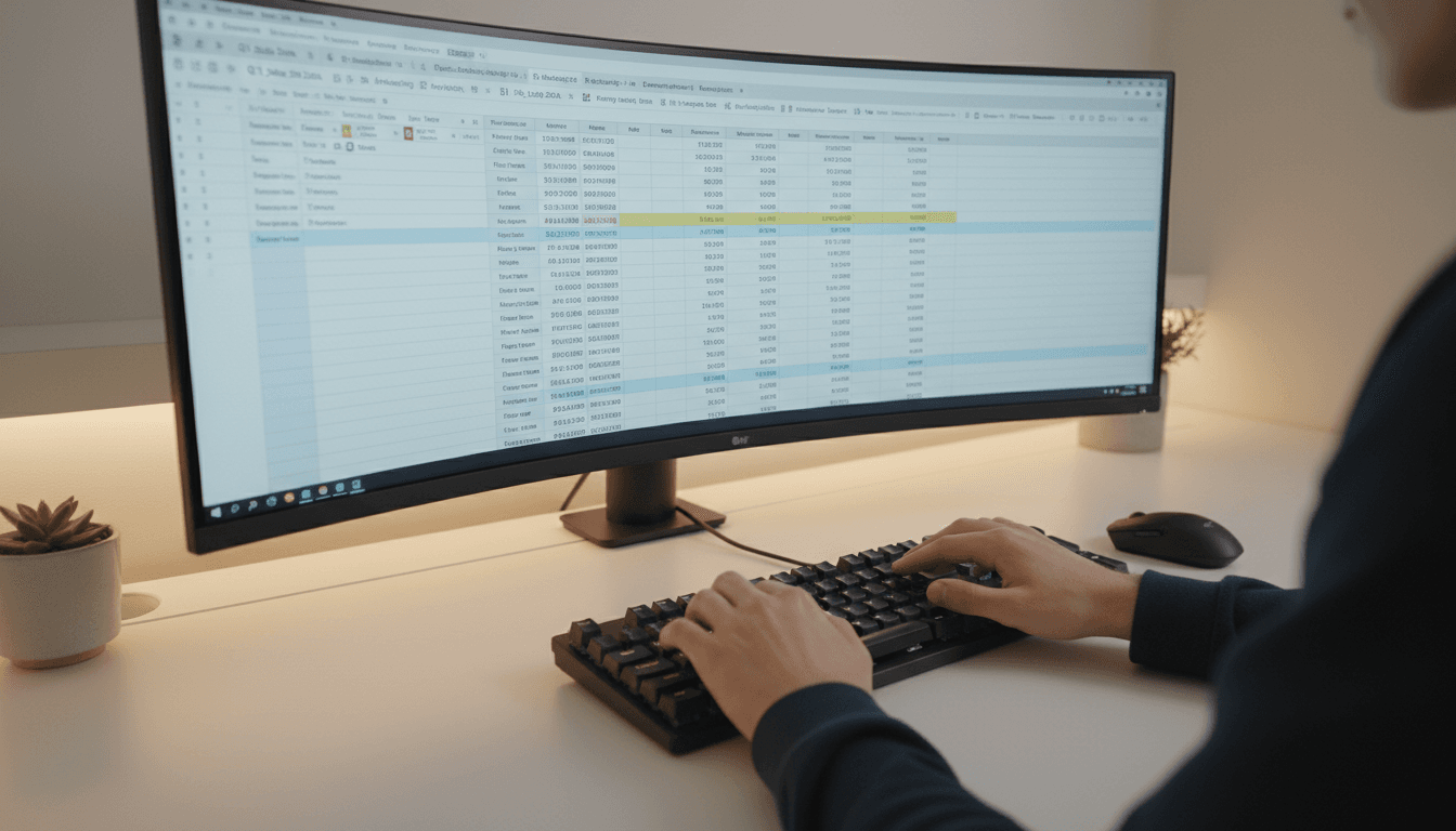 Professional entering data into Excel template on computer