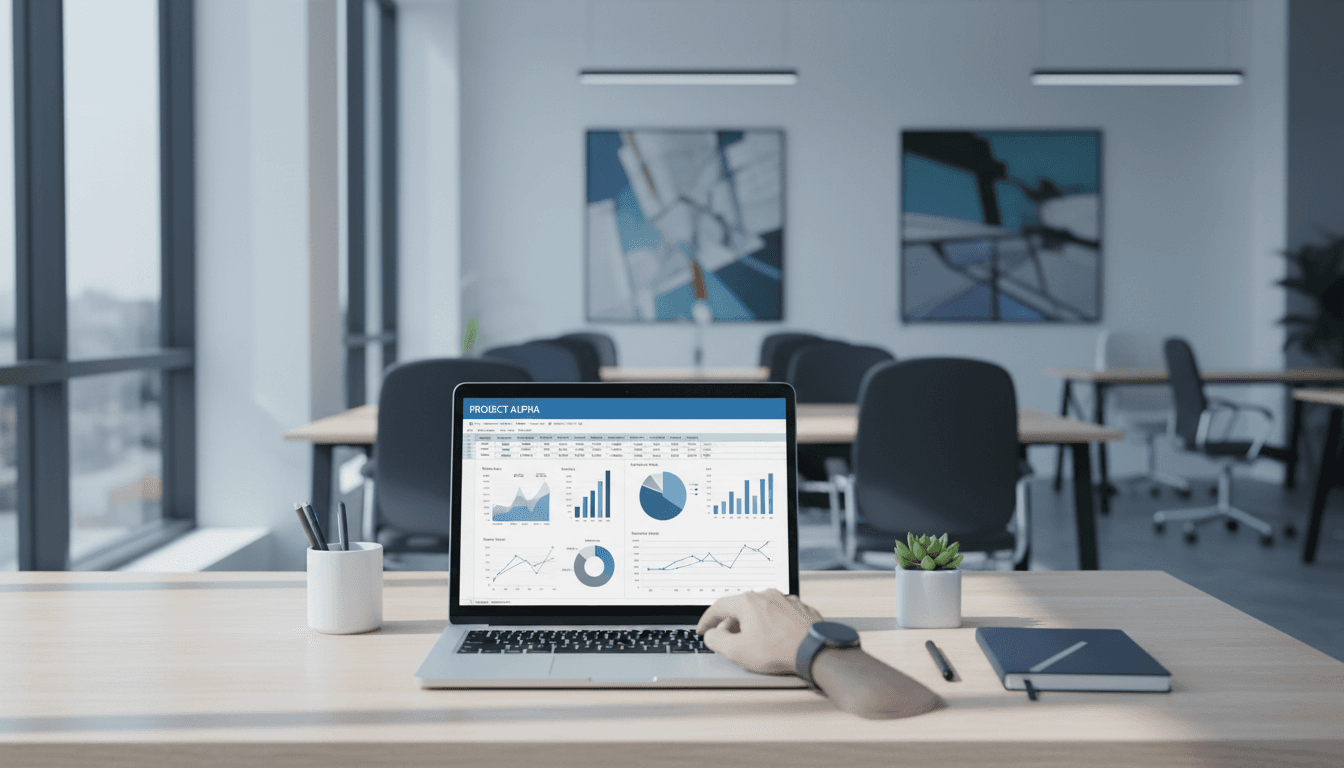 Professional working with organized Excel spreadsheet on laptop in modern workspace