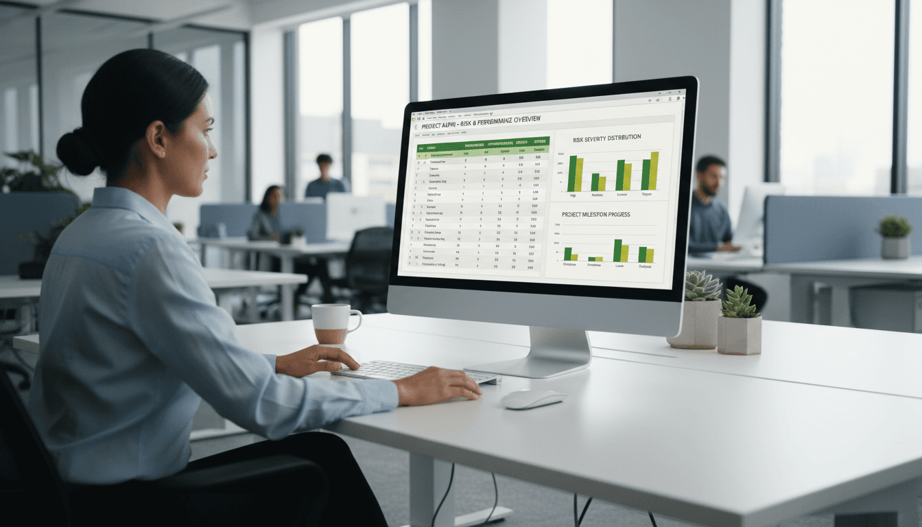 Professional reviewing organized Excel data on desktop computer in bright office setting