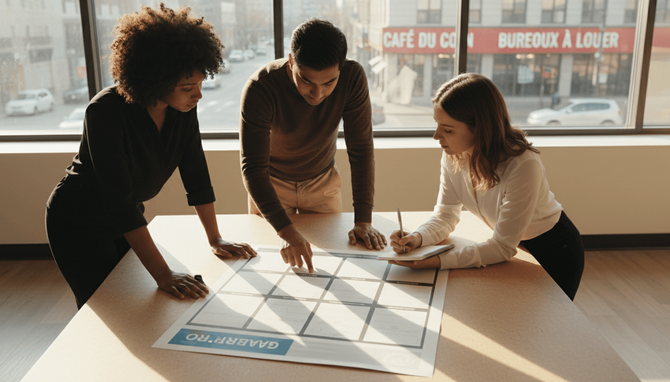 Team of professionals collaborating with French-language template