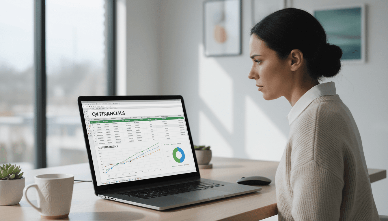 Professional reviewing Excel template on laptop