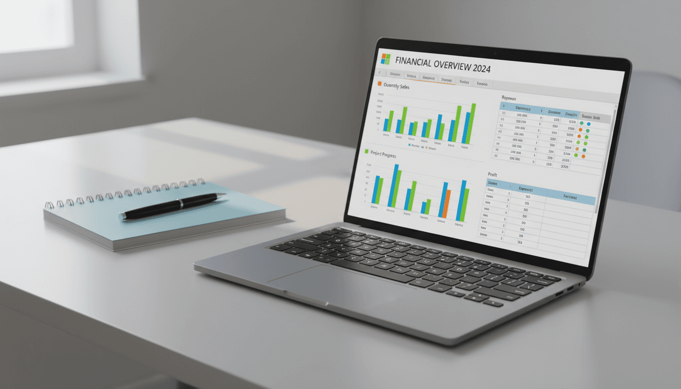 Laptop screen showing Excel template with organized data and charts
