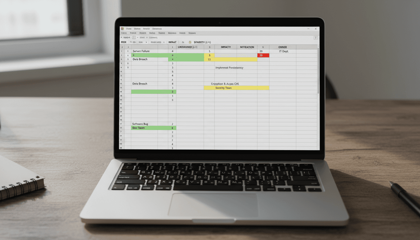 Risk management spreadsheet displayed on laptop screen