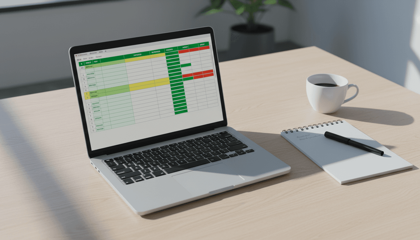 Professional workspace with laptop showing organized Excel spreadsheet and office essentials